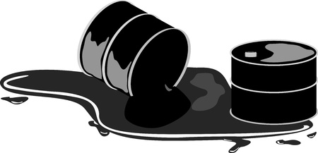 Tilted petrol barrel lies on the ground spilling oil near another barrel which sits upright. のイラスト素材