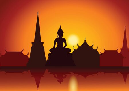 sunset with Thai Buddha temple and riverside.Asian lifestyle,vector illustrationのイラスト素材