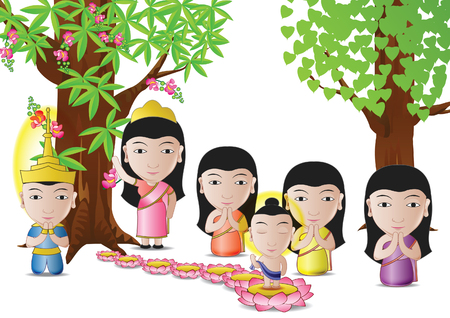 lord of Buddha was born under tree in cartoon version,used well for important days of Buddhism vector illustration,white backgroundのイラスト素材