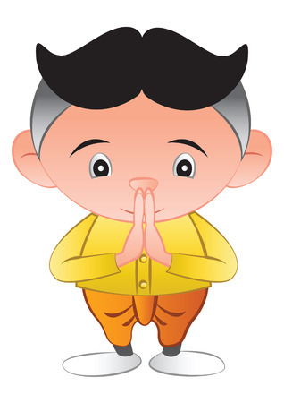 thai bubble head is greeting in called sawasdee,in cartoon design and thai dress,vector illustrationのイラスト素材