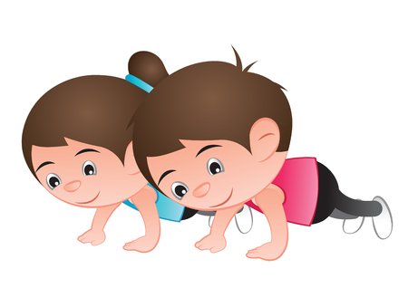 Man and woman Bubble big head cartoon push up for healthy and good shape,exercise,vector illustrationのイラスト素材