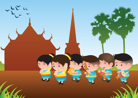 Thai music band dancer, tom tom, reed and organ. For festival and ceremony, big bubble head cartoon design with scenery, vector illustration.のイラスト素材