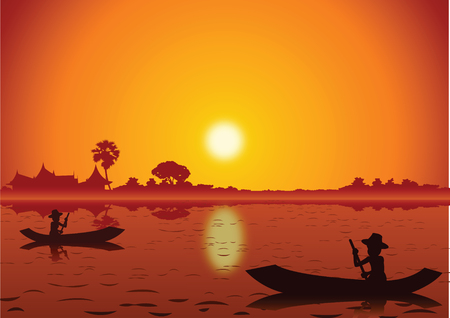 Sunset landscape and with a rowing boatのイラスト素材