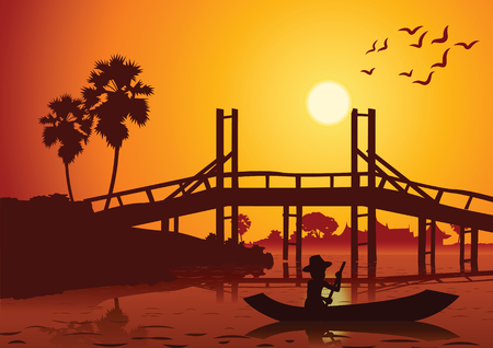 A sunset landscape with a rowing boat back to home near wooden bridge around with nature, countryside of east lifestyle silhouette design vector illustrationのイラスト素材