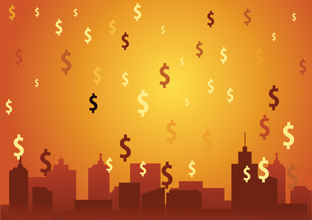 Dollar rain fall to city mean rich and wealthy come to,orange sunset cityscape backgroundのイラスト素材