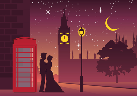 couple hug near telephone box at Big Ben landmark of London,silhouette styleのイラスト素材