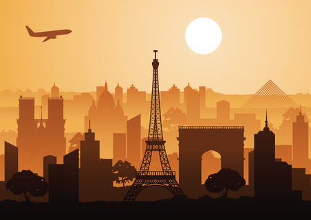 landmark of France,sunset time silhouette styleのイラスト素材