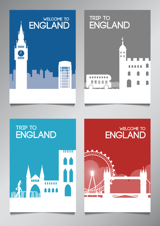 England famous landmark and symbol in silhouette style with national flag color theme brochure set,vector illustrationのイラスト素材