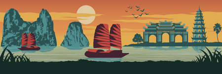 top famous landmark of Vietnam,Ship,Ha long bay,Emperor palace complex in Hue and Tran Quoc pagoda in sunset time,silhouette design,Vintage color,vector illustrationのイラスト素材