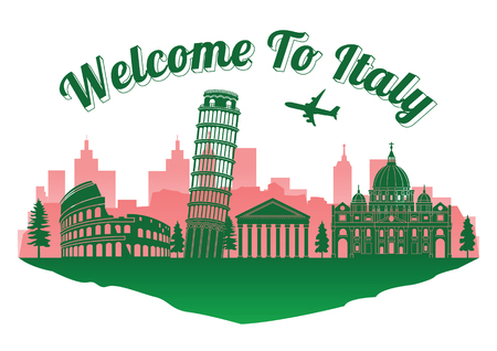 Italy top famous landmark silhouette style on island, welcome to Italy text,travel and tourism,vector illustration,flag color designのイラスト素材