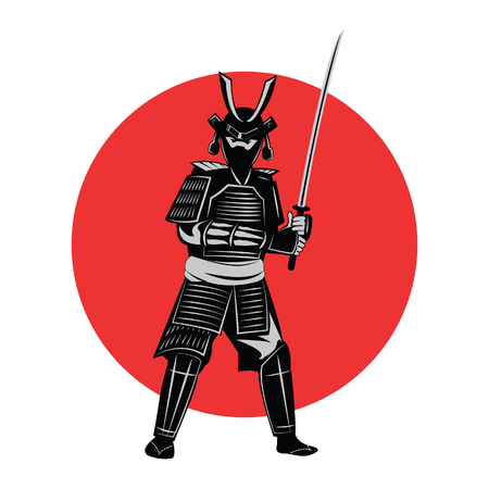 Samurai hold sword in front of red circle,warrior of japan,monochrome realistic design,vector illustrationのイラスト素材