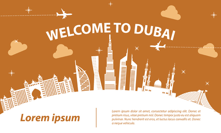 dubai top famous landmark silhouette style on white curve,trip and tourism,vector illustrationのイラスト素材