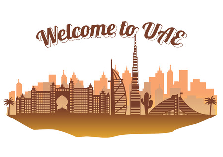 UAE top famous landmark silhouette style on island,travel and tourism,vector illustrationのイラスト素材