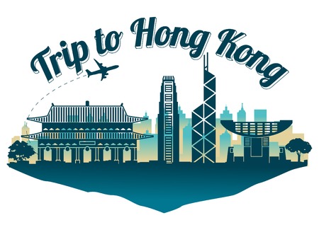 Hong Kong famous landmark silhouette style on float island,travel and tourism,dark blue green color,vector illustrationのイラスト素材