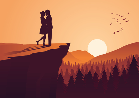couple hug together near cliff and close to a pine forest,silhouette style,vector illustrationのイラスト素材