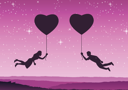 couple hold heart shape balloon and fly approach together,concept art mean heart connect love,vector illustrationのイラスト素材