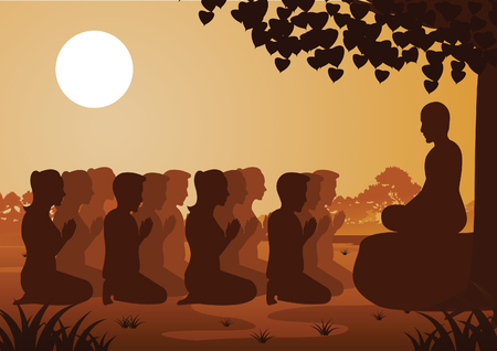 Buddhist women and men pay respect to monk politely with faith and believe,silhouette style vector illustrationのイラスト素材