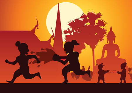 Childrean throw water each other in Song kran day famous festival of Thailand Loas Myanmar and Cambodia,new year,silhouette design,vector illustrationのイラスト素材