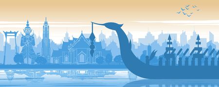 Thailand famous landmark in scenery design and royal Thai boat silhouette design in blue and orange yellow color, vector illustrationのイラスト素材