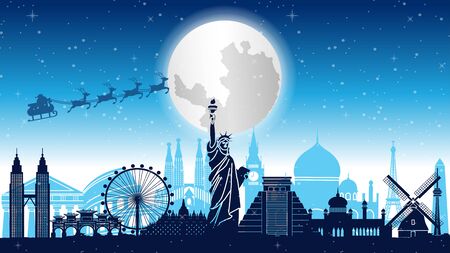 santa claus and reindeer are above world landmarks, vector illustrationのイラスト素材