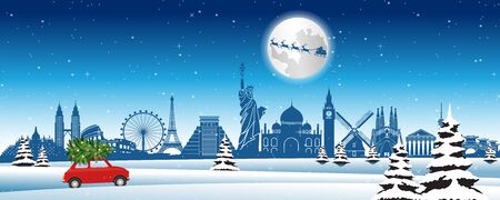 Red car run across snow and world landmarks with Christmas tree to send gifts to everyone,vector illustrationのイラスト素材