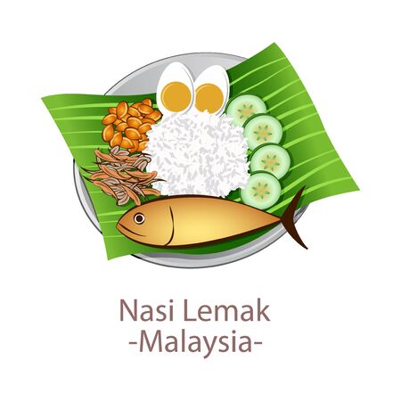 top view of popular food of national, Nasi Lemak,in cartoon vector designのイラスト素材
