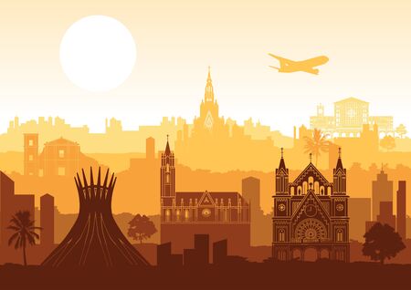 Brazil famous landmark silhouette style with row design on sunset time, vector illustrationのイラスト素材