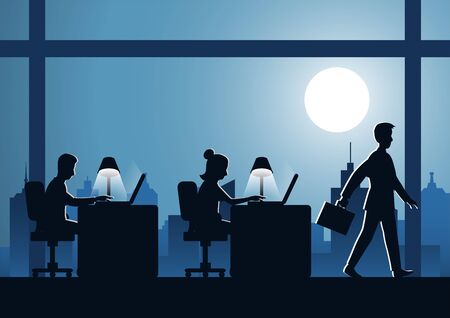 business man work overtime hard with laptop to complete his work with cityscape background on night time,silhouette styleのイラスト素材