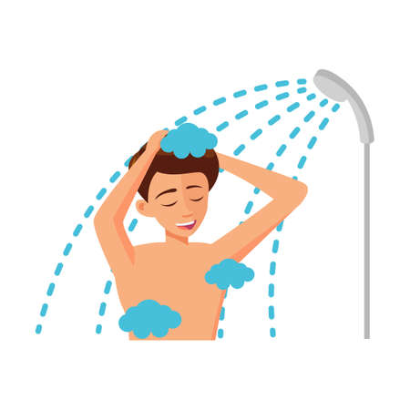 flat design of cartoon character of man take a shower,vector illustrationのイラスト素材
