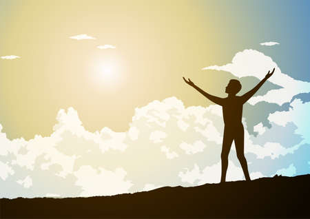 People avtivity and life scene of standing of meadow and rasing hands that show hopeful of the manのイラスト素材