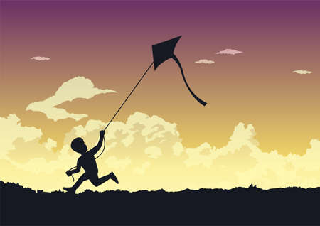 People avtivity and life scene of a boy is running to play his kite happily around the wonderful cloudsのイラスト素材