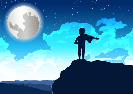 boy playing violin on the cliff in lonely night,vector illustrationのイラスト素材