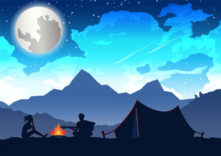 man is playing guitar and woman is listening at their camping trip,vector illustrationのイラスト素材