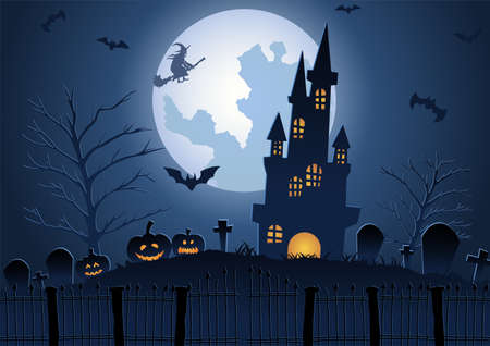 Halloween background with graveyard and castle scene on Halloween night,vector illustrationのイラスト素材