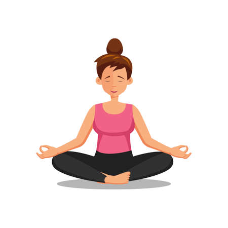 flat design of cartoon character of woman doing yoga ,vector illustrationのイラスト素材