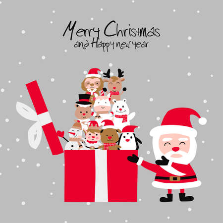 santa cluas unboxes Christmas present that contains animals and sign of Xmas with Christmas invitation card design,vector illustrationのイラスト素材