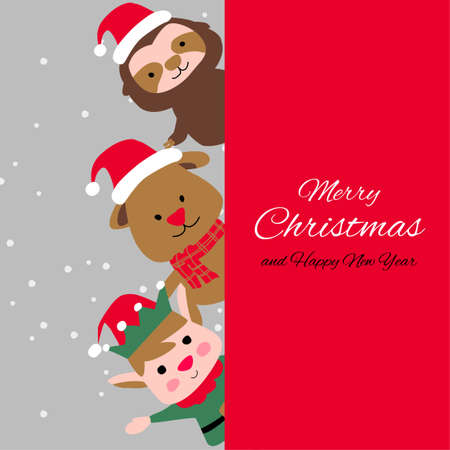 elf puppy sloth are happy emotion with Christmas invitation card design,vector illustrationのイラスト素材