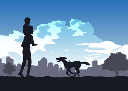 boys sit on his dad shoulder while dog run coming,vector illustrationのイラスト素材
