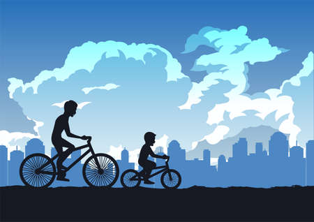 silhouette design of father and son cycling in the park,vector illustrationのイラスト素材