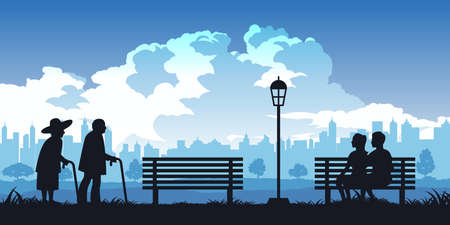 Silhouette of activities of people in park old and young couple are in the close distance meaning to cycle of life and timing of thier loveのイラスト素材
