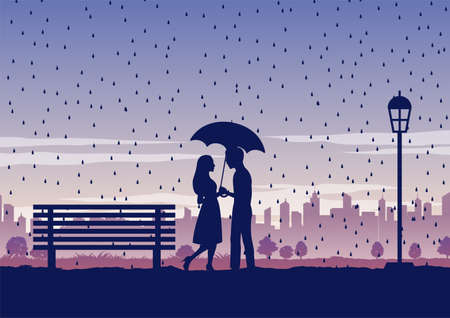 Silhouette of activities of people in park man and woman holding umbrella in the middle of rainのイラスト素材