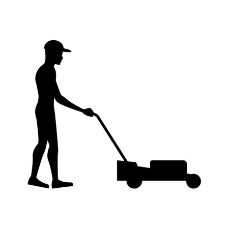 black silhouette design with isolated white background of man lawn mowing,vector illstrationのイラスト素材