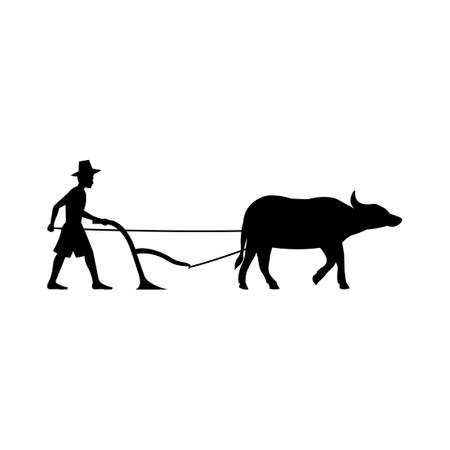 black silhouette design with isolated white background of people plow field by buffalo,vector illstrationのイラスト素材