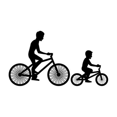 black silhouette design with isolated white background of father and son cycling,vector illstrationのイラスト素材