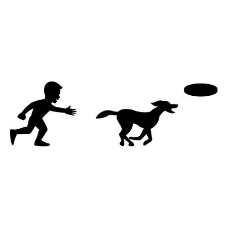 black silhouette design with isolated white background of boy playing disk with dog,vector illstrationのイラスト素材
