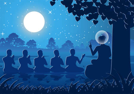 Lord of Buddha sermon to five ascetics and was enlighten become first monk of Buddhism,silhouette design,vector illustrationのイラスト素材