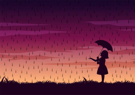 silhouette design of girl and umbrella in the middle of rain,vector illustrationのイラスト素材