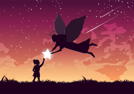 Silhouette design of angel gives star to the girl,vector illustrationのイラスト素材