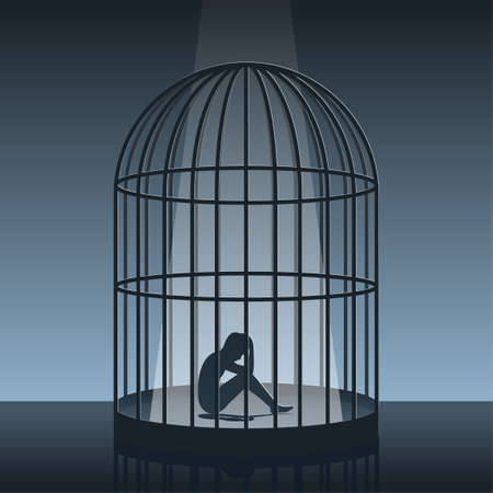 Silhoutte telling story art of man in the cage,vector illustrationのイラスト素材