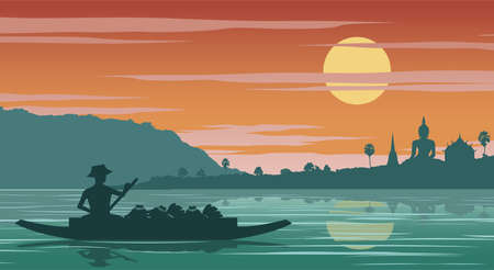 Thai woman merchant row boat to go to temple on sunset time,vector illustrationのイラスト素材